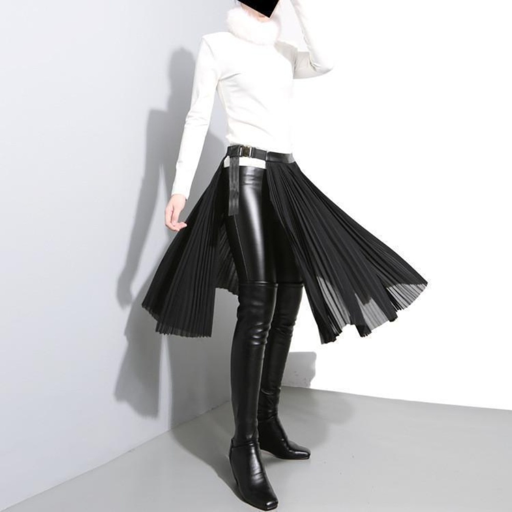 Black Pleated Midi Skirt Overlay - Sleek Layered Design